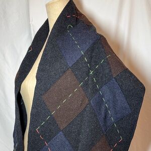 GAP Charcoal Wool Blend Scarf W/Blue & Brown Patches & Decorative Stitching